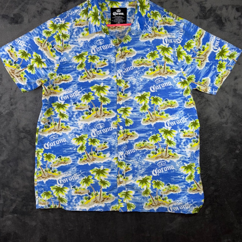 Mens XL Corona Button Up Shirt Excellent Tropical Palm Tree Beer Hawaiian